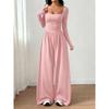 Long Sleeve Square Neck Solid Color Wide Leg Casual Jumpsuit