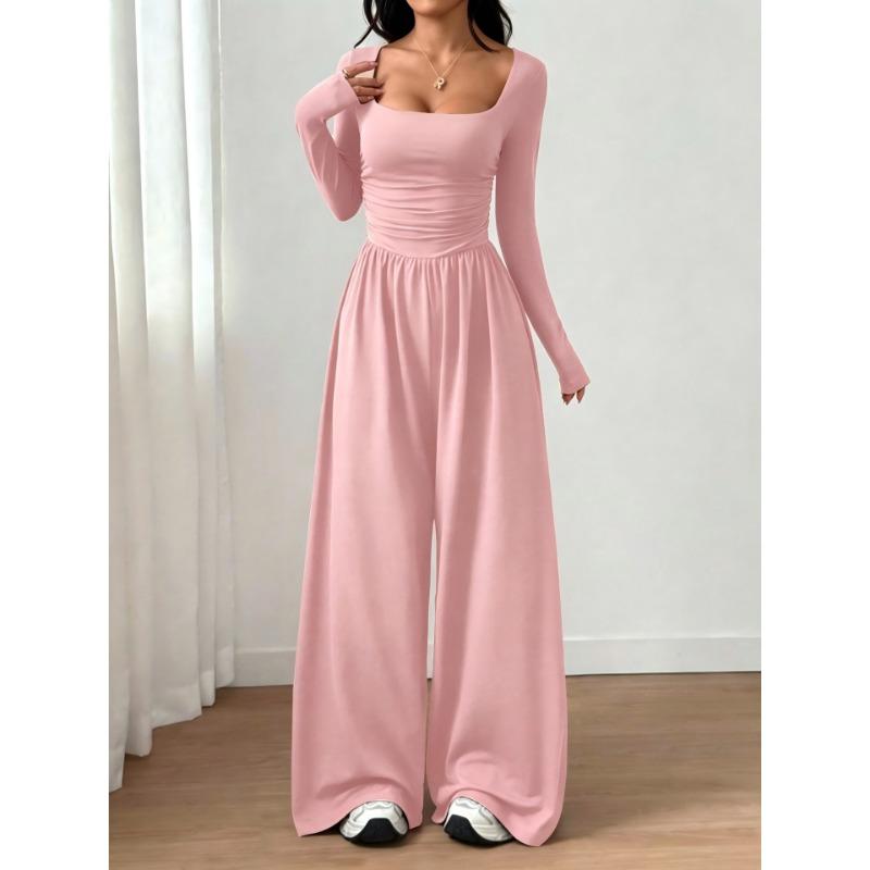 Long Sleeve Square Neck Solid Color Wide Leg Casual Jumpsuit