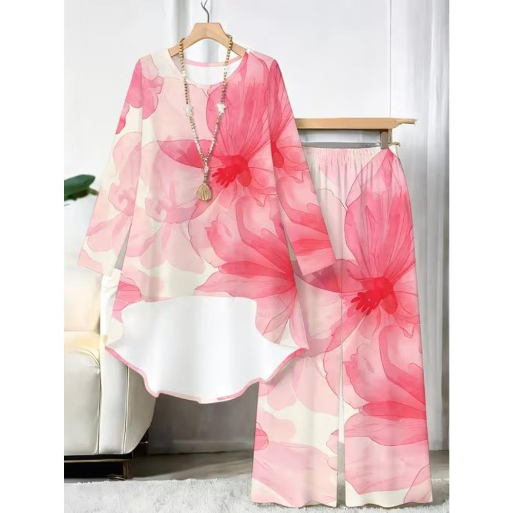 Geometric Pattern Print Two Piece Outfit Women Long Sleeve Irregular Hem Tunic Top Wide Leg Pants Casual Matching Set