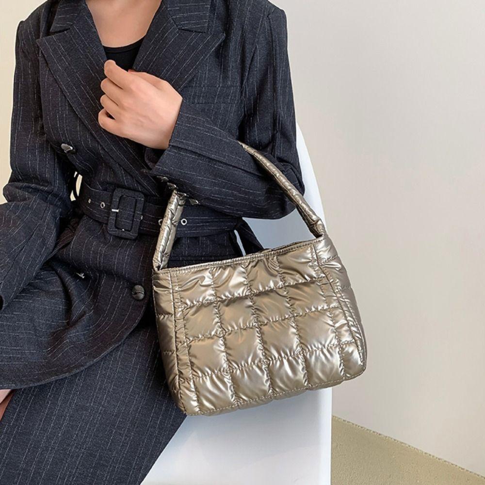 Soft Down Cotton Tote Bag Embroidered Puffy Bag Leisure Cotton-padded Handbag  Unisex