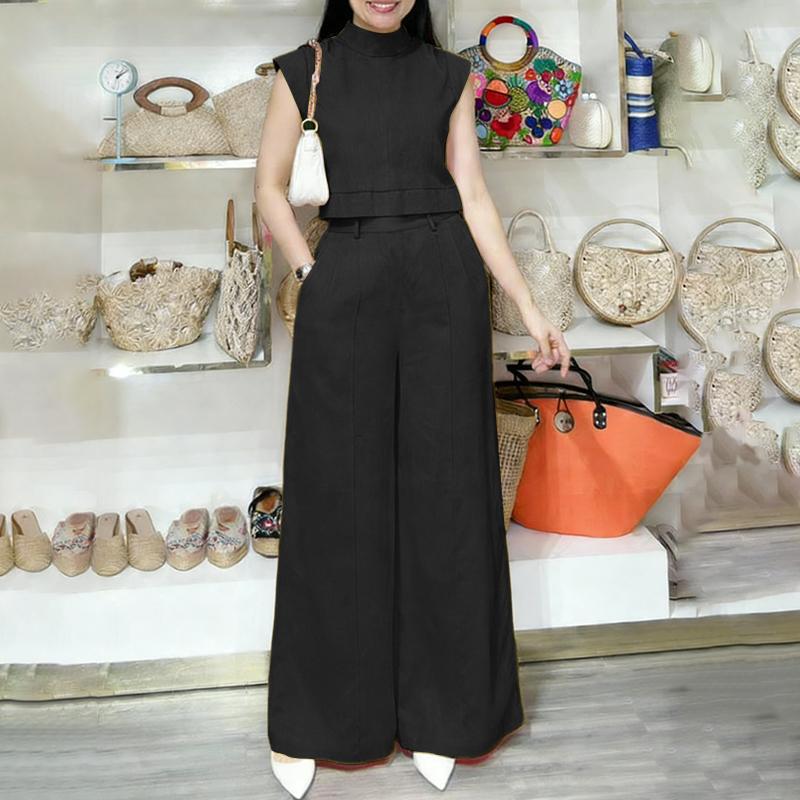 ZANZEA Women Sleeveless Vest Tops and Wide Leg Pants Summer Two Piece Suit Sets