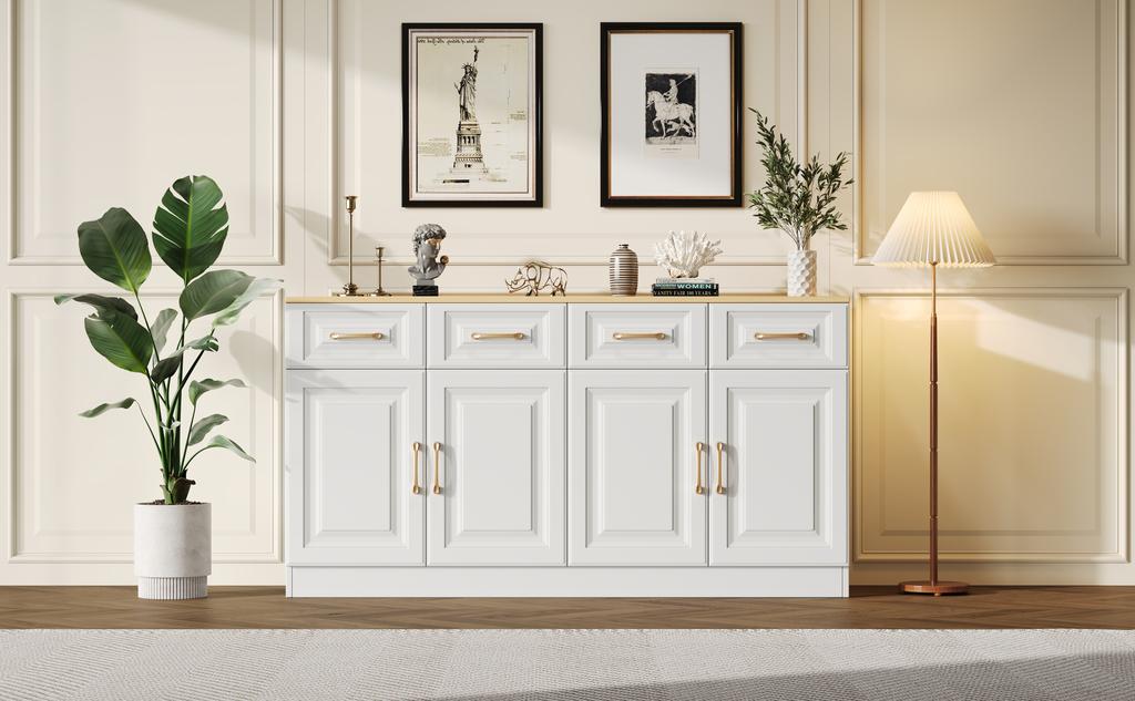 140 Cm Sideboard Buffet Cabinet, Coffee Bar Cabinet with 4 Drawers and 4 Barn Doors, Farmhouse Style, White Wood, for Kitchen, Dining, Living Room