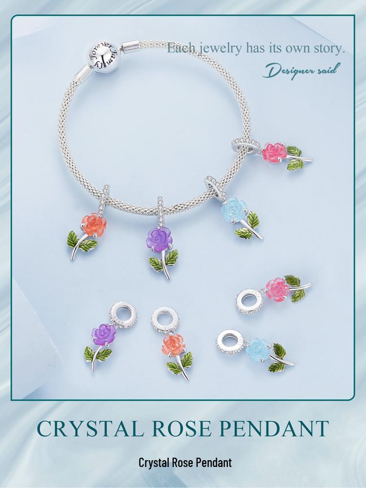 Yinziyun S925 Silver Rose Pendant with UV Color-Changing Flower Beads for DIY Bracelet