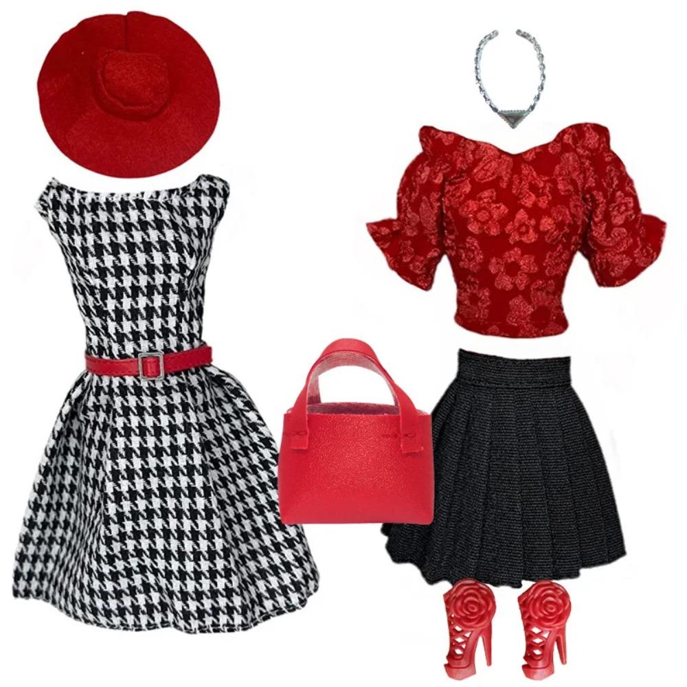 Elegantes Puppenoutfit für 1/6 Puppe Modepuppe Rosa Hahnentritt-Kleid Hut Goldener Gürtel Handtasche mit Schuhen Set