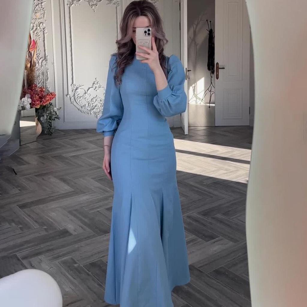 Wiosna 2024 Europejsko-Amerykańska Sukienka z Niskim Dekoltem, Długim Rękawem w Stylu Dworskim, Talia Ściągana