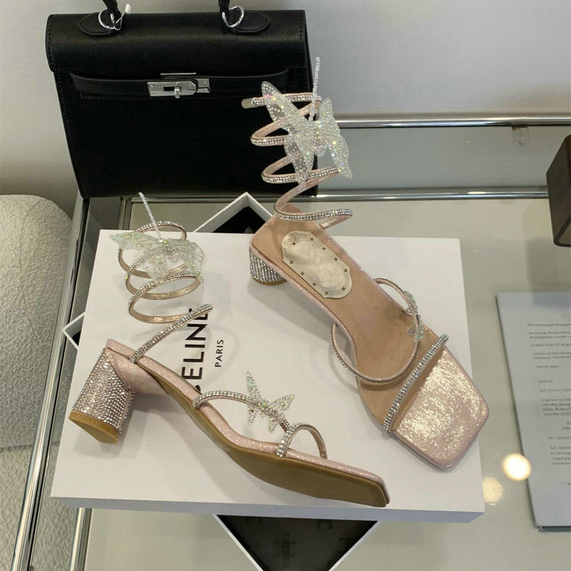 2005 Sparkling Sparkling Rhinestone Bow Entwined Ankle Strap Sandals For Women, Summer Thick Heel High Heels