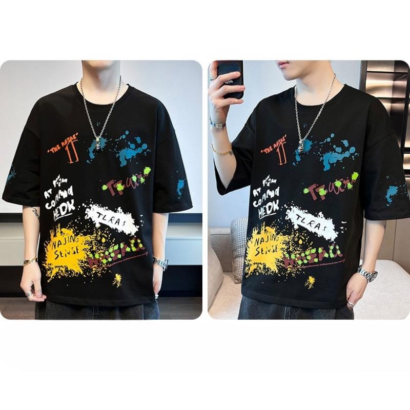 Camiseta de Verano para Hombre Streetwear Manga Corta Holgada Estampada Estudiante Casual Top Media Manga Cuello Redondo Camiseta de Marca
