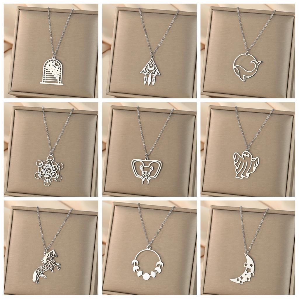 Kinitial Raindrop Cloud Whale Ghost Hand Flower Horse Meditation Moon Stainless Steel Pendant Necklace For Women Jewelry Gift