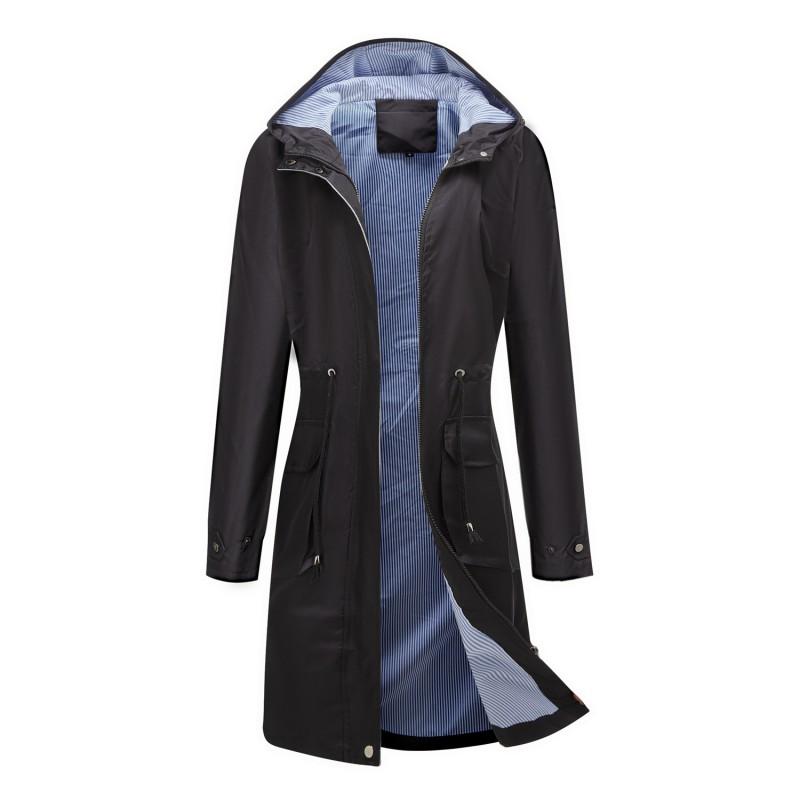 Womens Long Trench Coat Lightweight Water-Resistant Hooded Solid Color Casual Outerwear Straight Cut