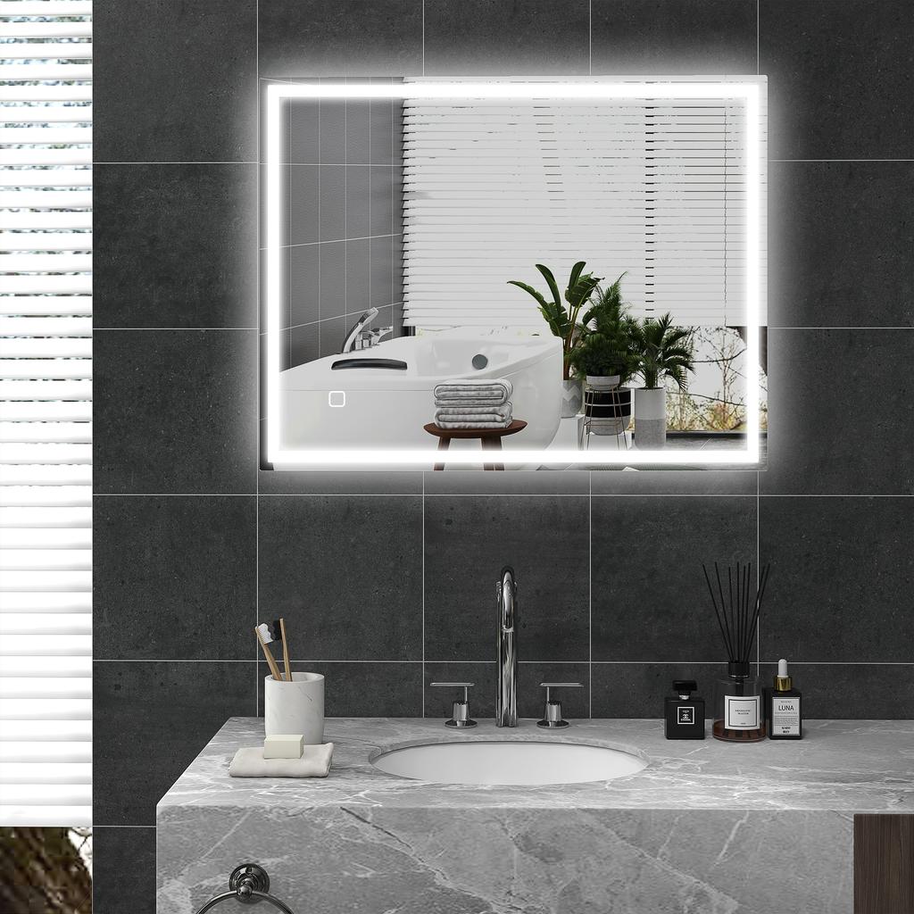 90 x 70cm LED Badkamerspiegel met Verlichting, Dimbaar Make-upspiegel, Kaptafelspiegel met 3 Kleuren, Slimme Touch, Anti-Mist