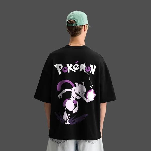 Pokémon Anime Printed Mewtwo Oversized Black Tshirt Men and Women Breathable High Quality Y2K Short Sleeve Summer Tshirt