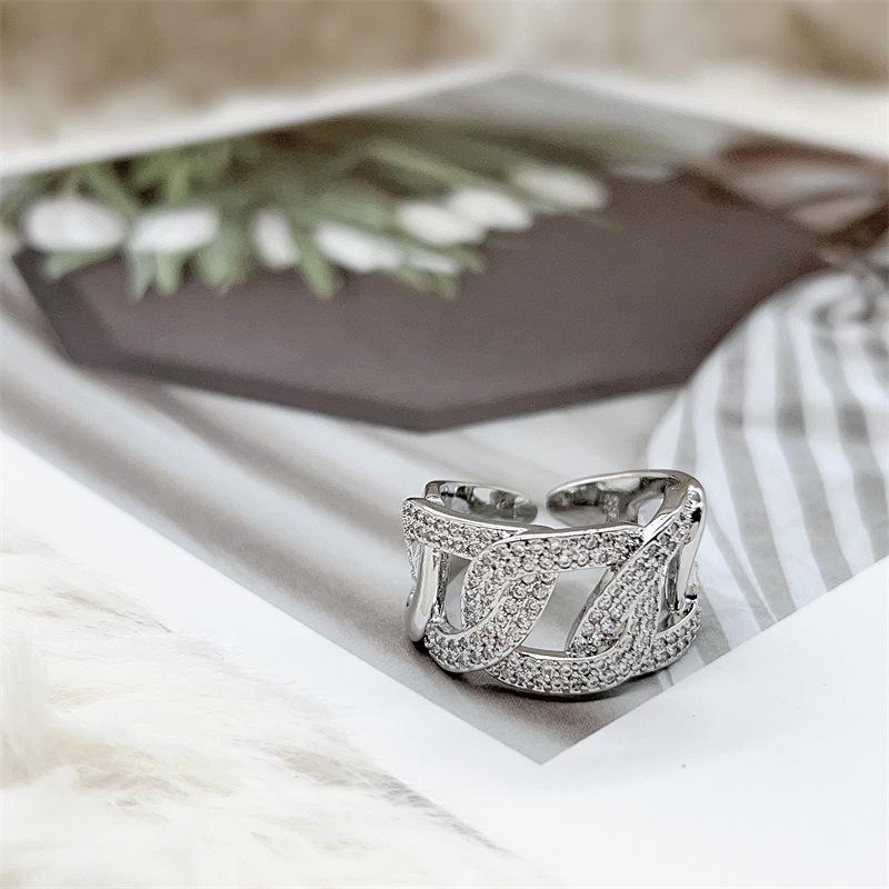 Women s Micro-Inlaid Zircon Diamond Open Adjustable Thick Chain Ring Open Adjustable