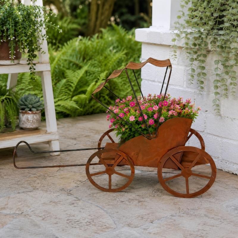Metal Flower Pot Cart With Pull Handle and Wheel Frame, Aged Rickshaw Holder for Balcony Entry Corner, Porch and Home Garden Display