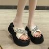 Rhinestone One-word Slippers for Women's Summer Wear 2025 New Small Man Height Increase Thick Bottom Fashion Beach Cool Slippers for Women