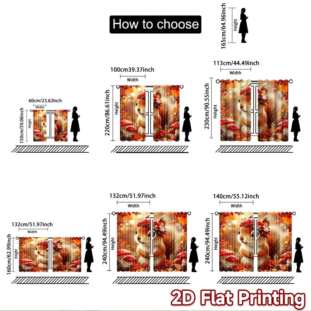 2D Flat Printing 2pcs Curtains Cute Squirrel Autumn Berries Digital Printed Polyester Drapes Festive Holiday for Home Wall Yard
