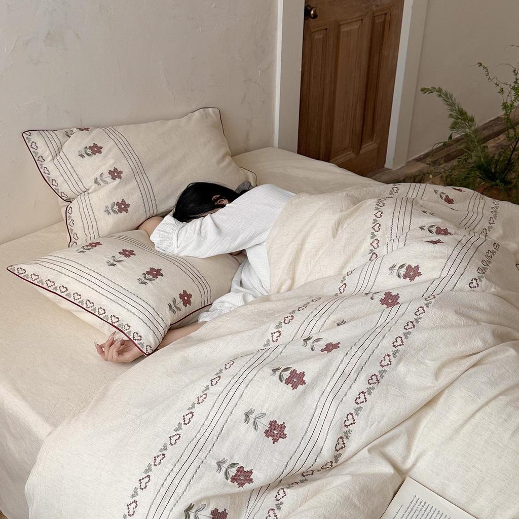 Spring/Summer Skin-Friendly Breathable Yarn-Dyed Cotton-Linen Embroidered Bedding Set