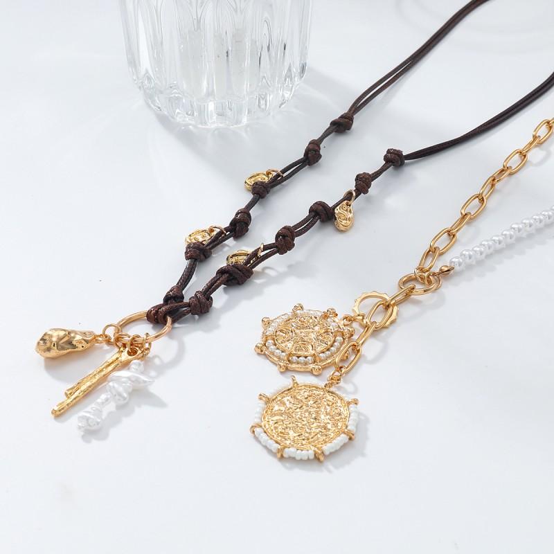 Handmade Multi-Layer Pendant Necklace With Imitation Pearl Beads Geometric Design Gold Tone Zinc Alloy Boho Chic