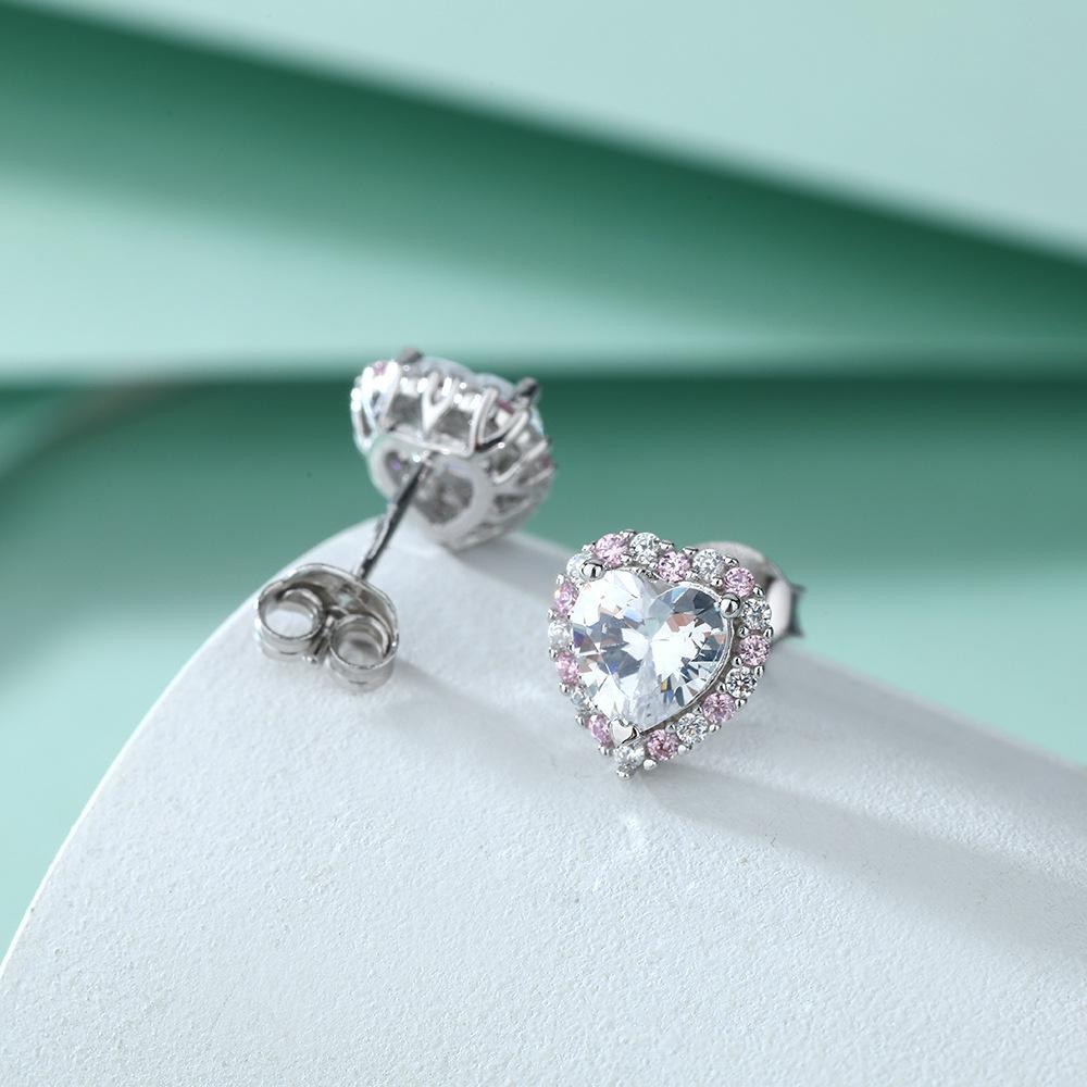 Pink Diamond Zircon Heart Stud Earrings Women'S High Sense Exquisite Love Earrings Wind Earrings