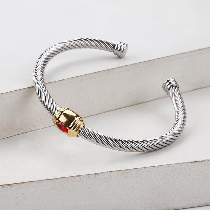 18K Gold Non-Fading Zircon Inlaid Titanium Steel Twist Open Bracelet