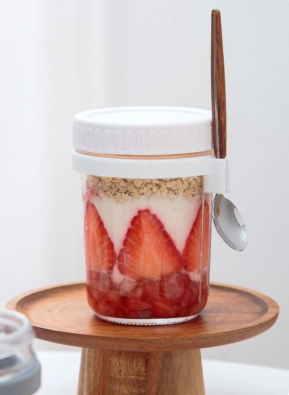 Tazza da avena notturna da 350 ml in vetro con coperchio e cucchiaio, guarnizione per alimenti, tazza per la colazione, portatile, per cereali, latte, insalata, yogurt, articolo da cucina