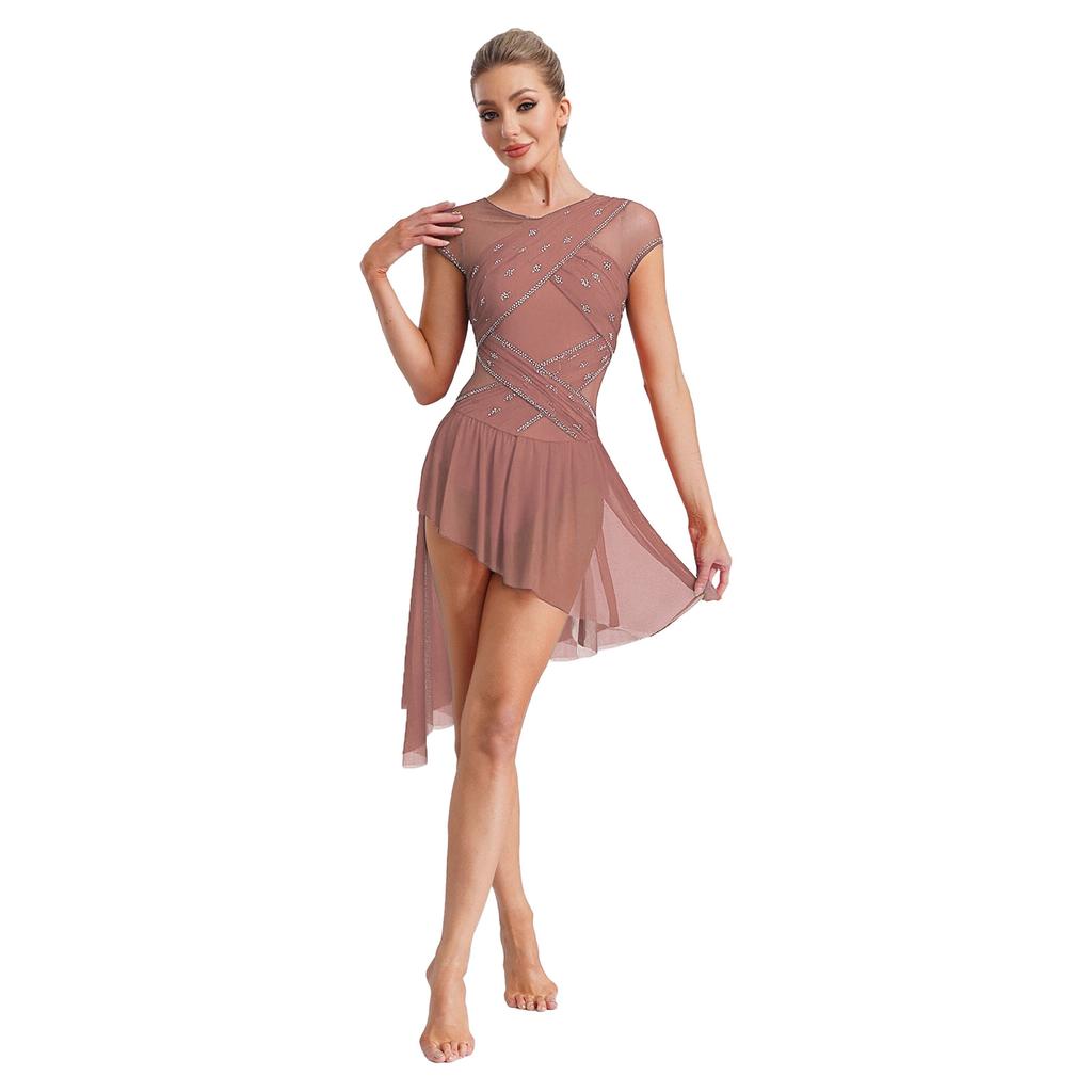 Dames Kunstschaats Leotard Jurk Gerimpelde Mesh Overlay Strass Onregelmatige Zoom Openbare Kruis Bodysuit