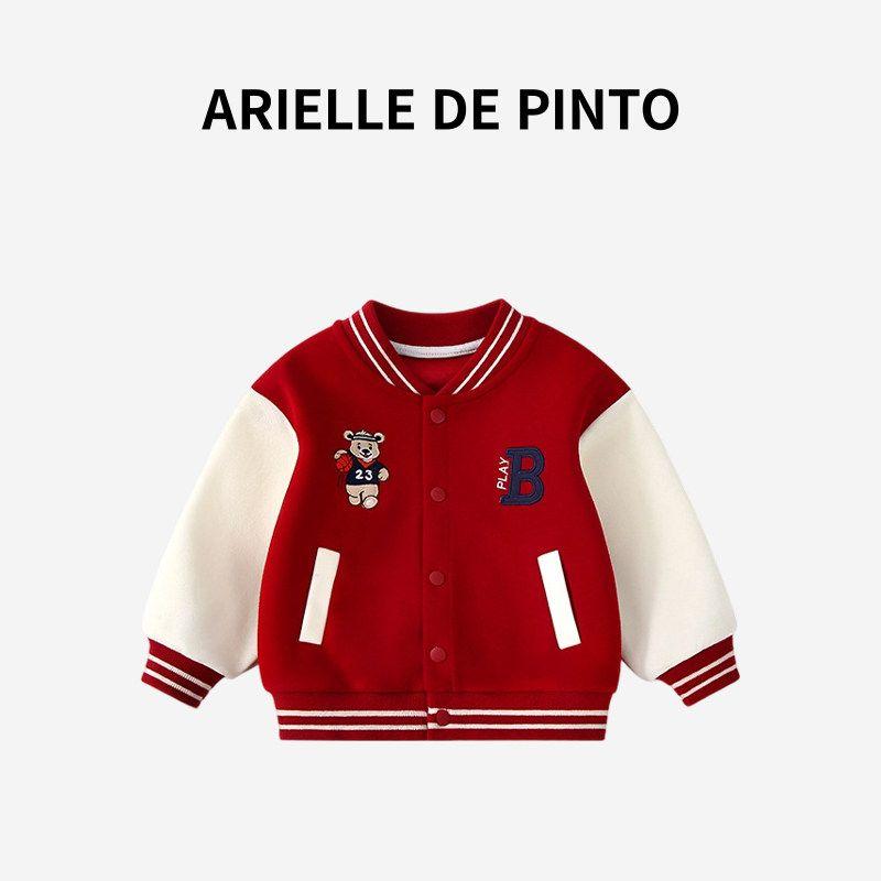 French Arielle De Pinto Early Autumn Outfit for Boys and Girls, Sports Baseball Jacket, Cartoon Bear Top Red Bear 90