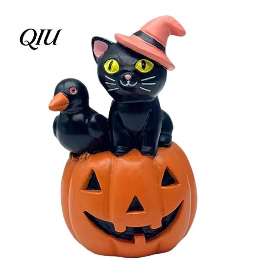 Pink Wizard Hat Cat Halloween Pumpkin Figurine, Retro Black Stacked Resin Decorations Tabletop Figurine for Table Desk Office Mantel Home Fireplace