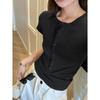 Temperament Premium Button V-neck Front Shoulder Short-sleeved Women's Henry Collar Bottoming Top Summer Temperament Thin Breathable T-shirt