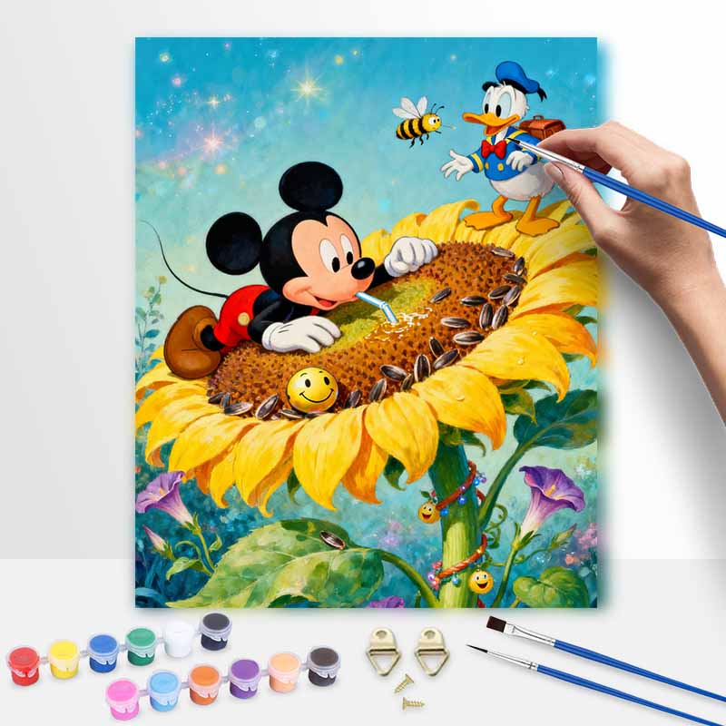 Disney sunflower Mickey Donald oil painting handcolored painting living room decoration hanging painting wall painting 20x30cm