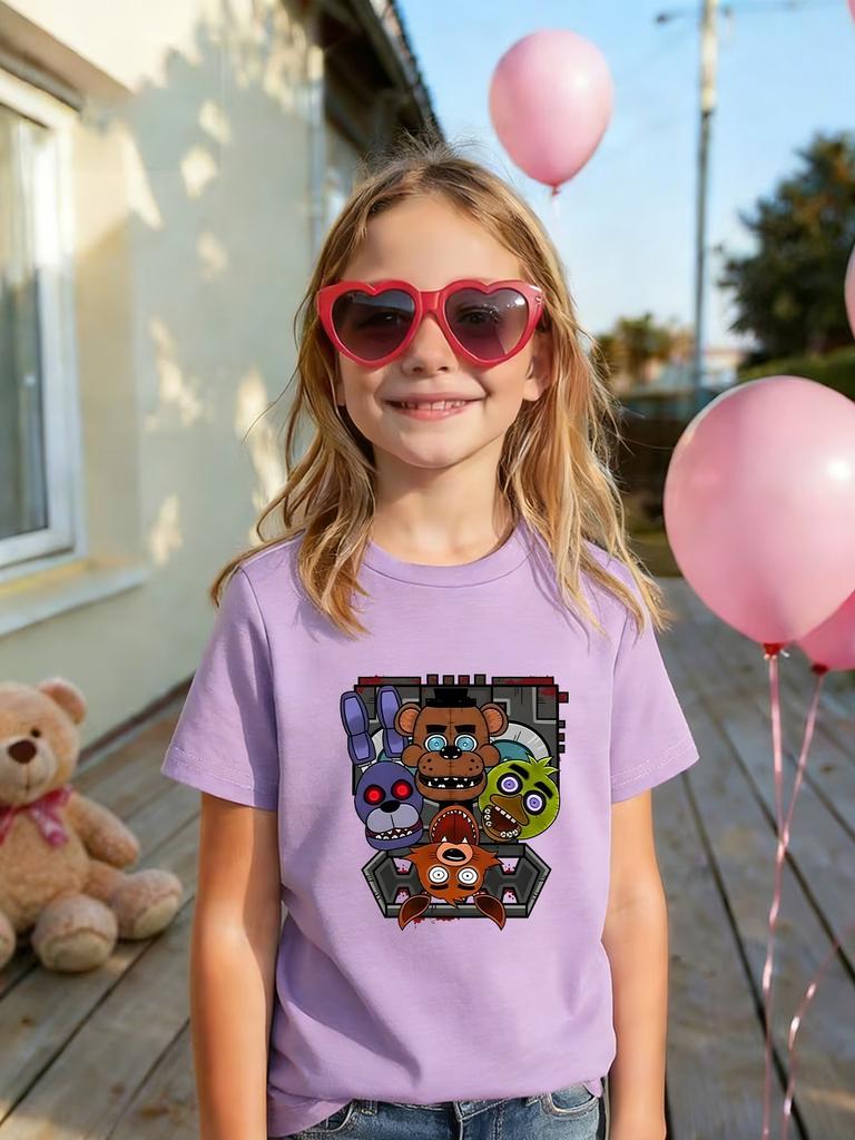 Girls And Boys' Seasonal Applicable Five Nights At Freddy's Mechanical Doll Printed Short-Sleeved T-Shirt Fnaf Game Casual Top