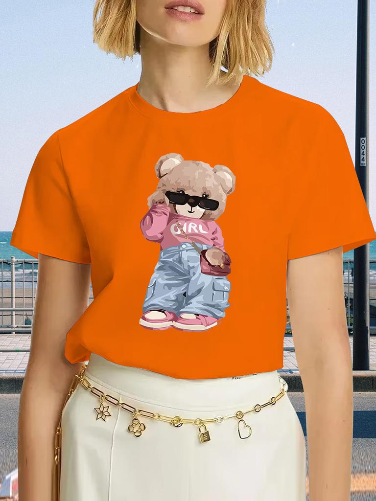 Cute Bear Print T-shirt Short Sleeve Crew Neck Casual Top For Summer & Spring Women's Clothing T Shirt Female Tops Streetwear