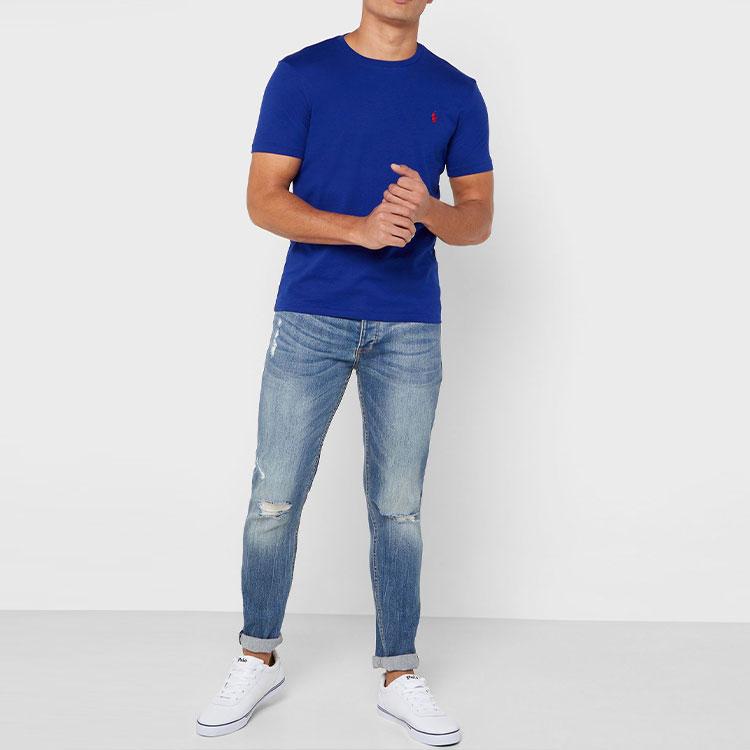 Polo Ralph Lauren Logo Bordado Color Sólido Cuello Redondo Manga Corta Camiseta Hombre Azul 710671438-144