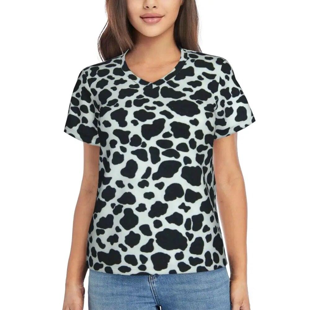 

Футболки з візерунком корови, чорні плями, принт з V-подібним вирізом, повсякденна оверсайз-футболка з короткими рукавами, жіноча естетична футболка, літній дизайн, топи XXXL