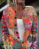 Women's Loose Fit 3D Print Round Neck Long Sleeve Cardigan Sweater