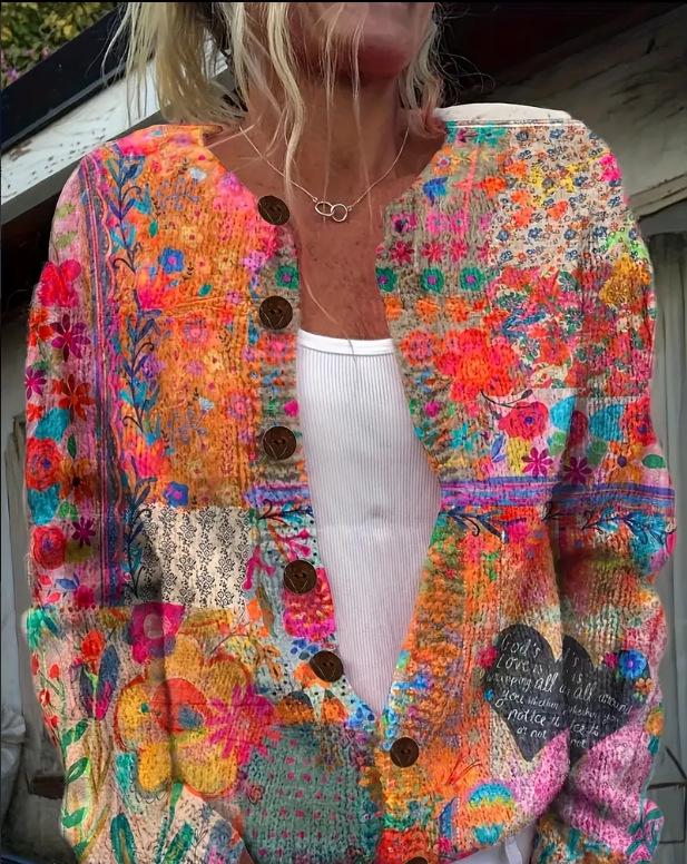 Women's Loose Fit 3D Print Round Neck Long Sleeve Cardigan Sweater