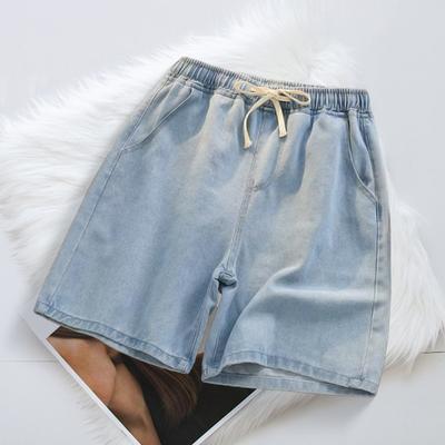 Men Denim Shorts Elastic Waist Drawstring Straight Wide Leg Summer Shorts Solid Color Thin Loose Fit Casual Shorts