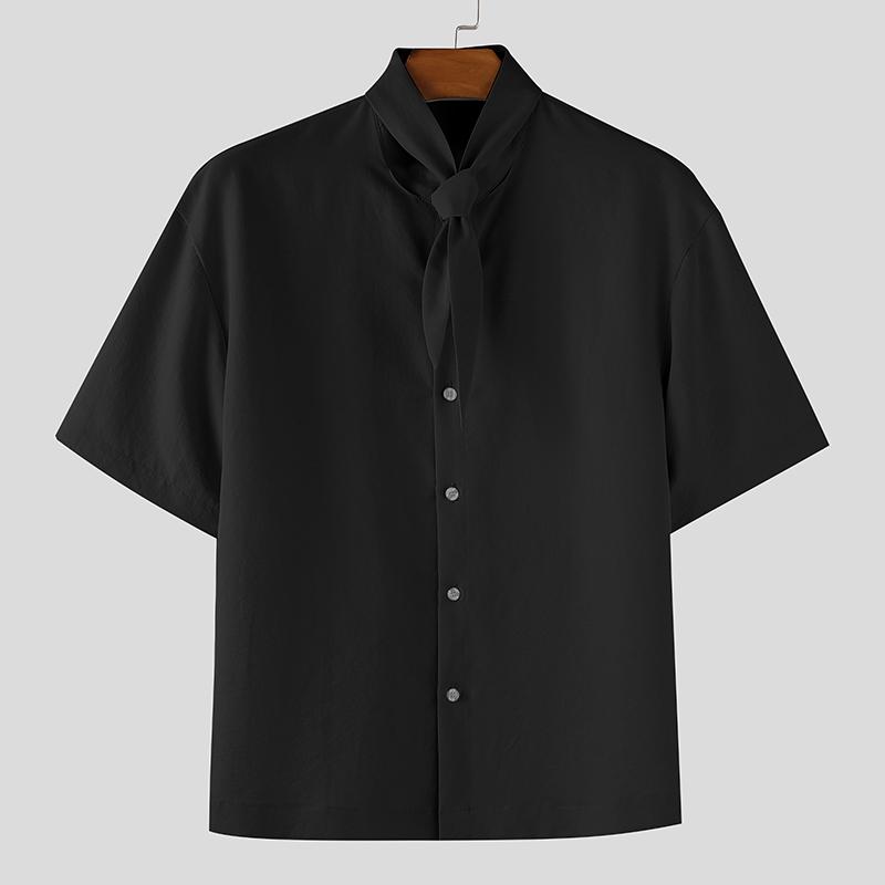 

INCERUN Oversized Men Tie Up Short Sleeve Button Down Casual Loose Shirts 3XL чёрный