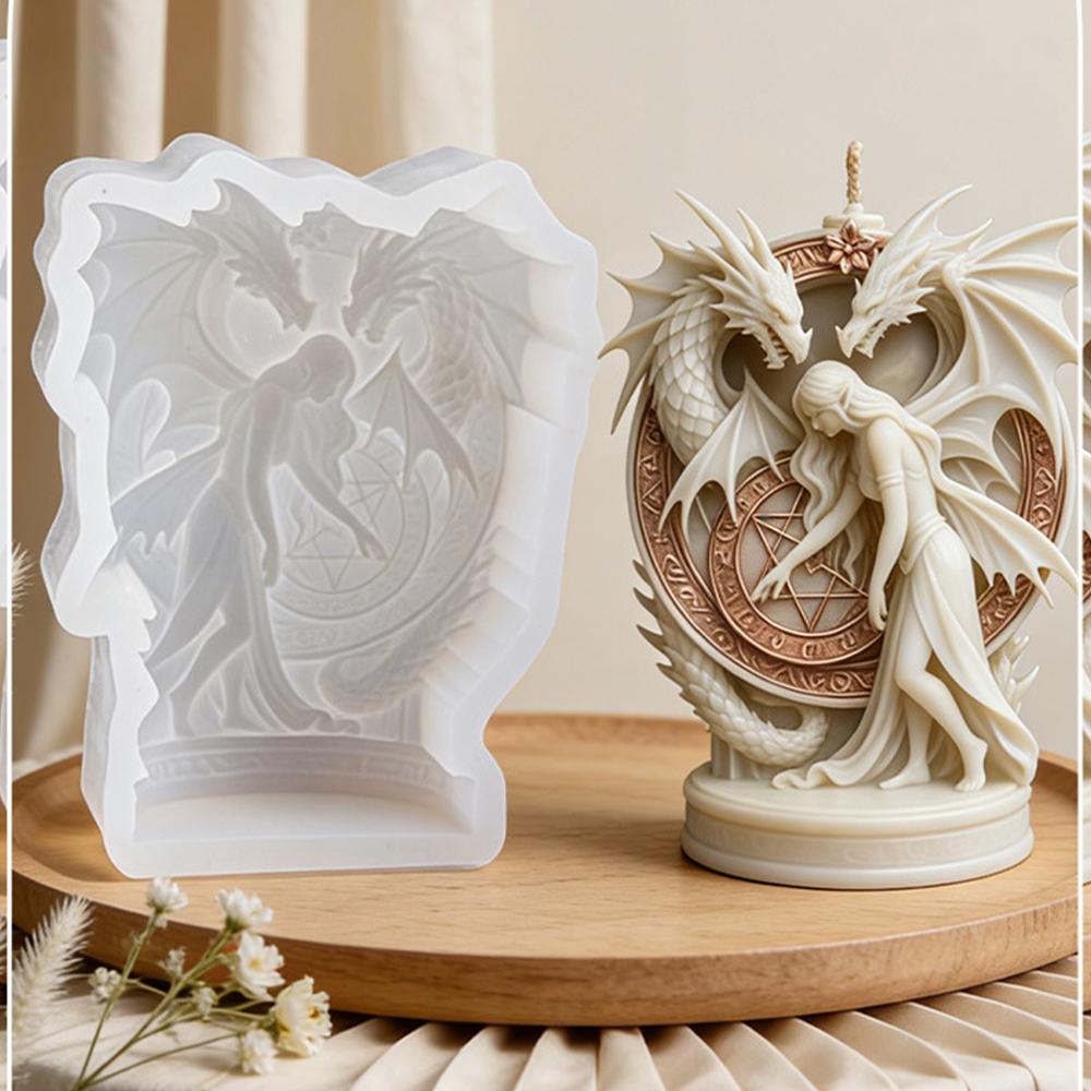Elves Twin Dragon Silicone Candle Molds 3D Elves Twin Dragon Statue Mold Resin Plaster Cement DIY Handmade Soap Crafts Mold