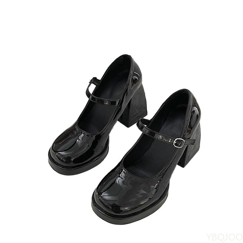 Móda Nové Jaro Čtvercová Špička Vysoké Podpatky Lakovaná Kůže Hrubé Podpatky Malé Kožené Boty Jednoduchá Móda Univerzální Dámské Boty