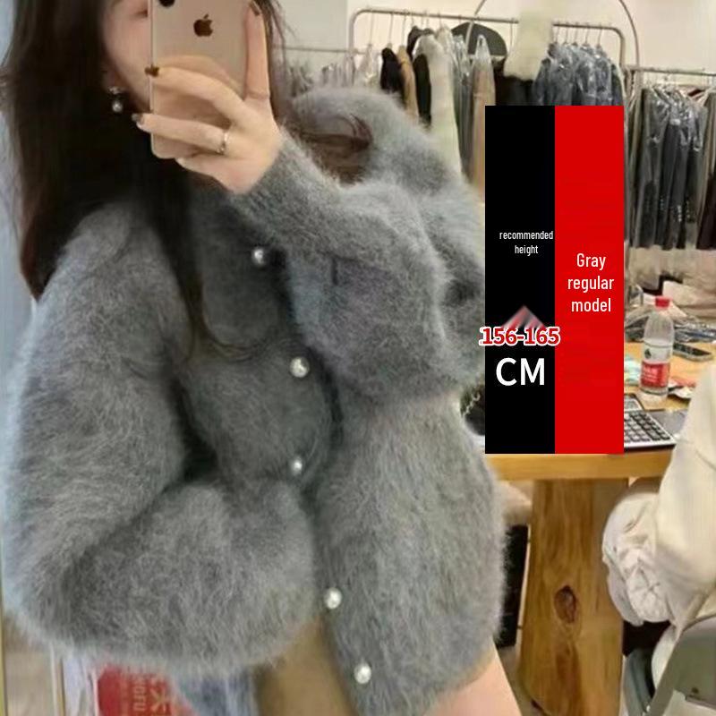 

Плюшевый кардиган средней длины в корейском стиле для женщин - Осенне-зимняя вязаная верхняя одежда свободного кроя S (recommended for 100 jin or less) серый