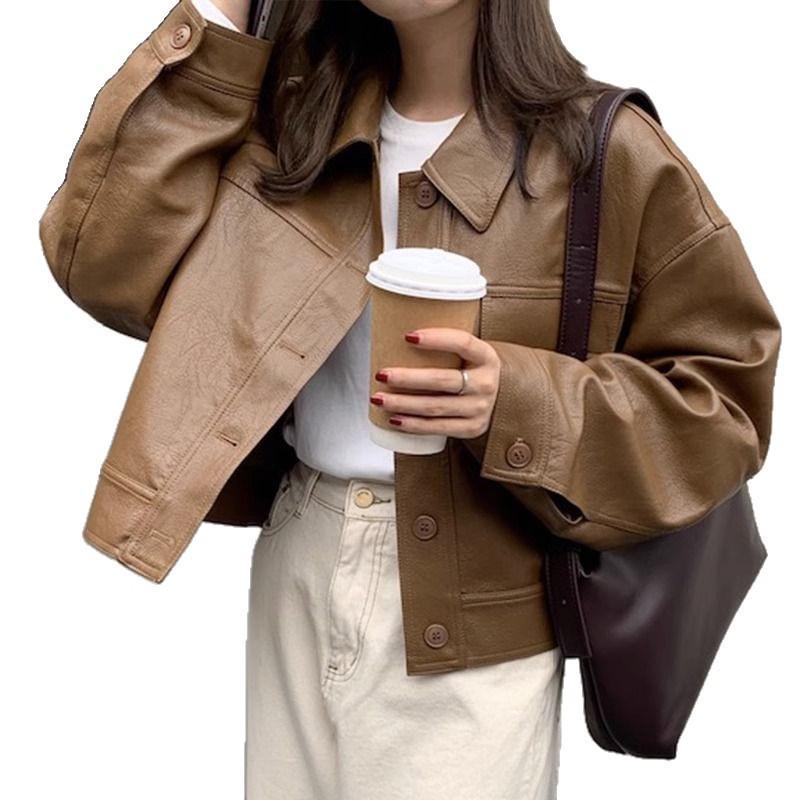 Women's European Style Brown PU Leather Jacket - Retro Petite Spring/Autumn 2025