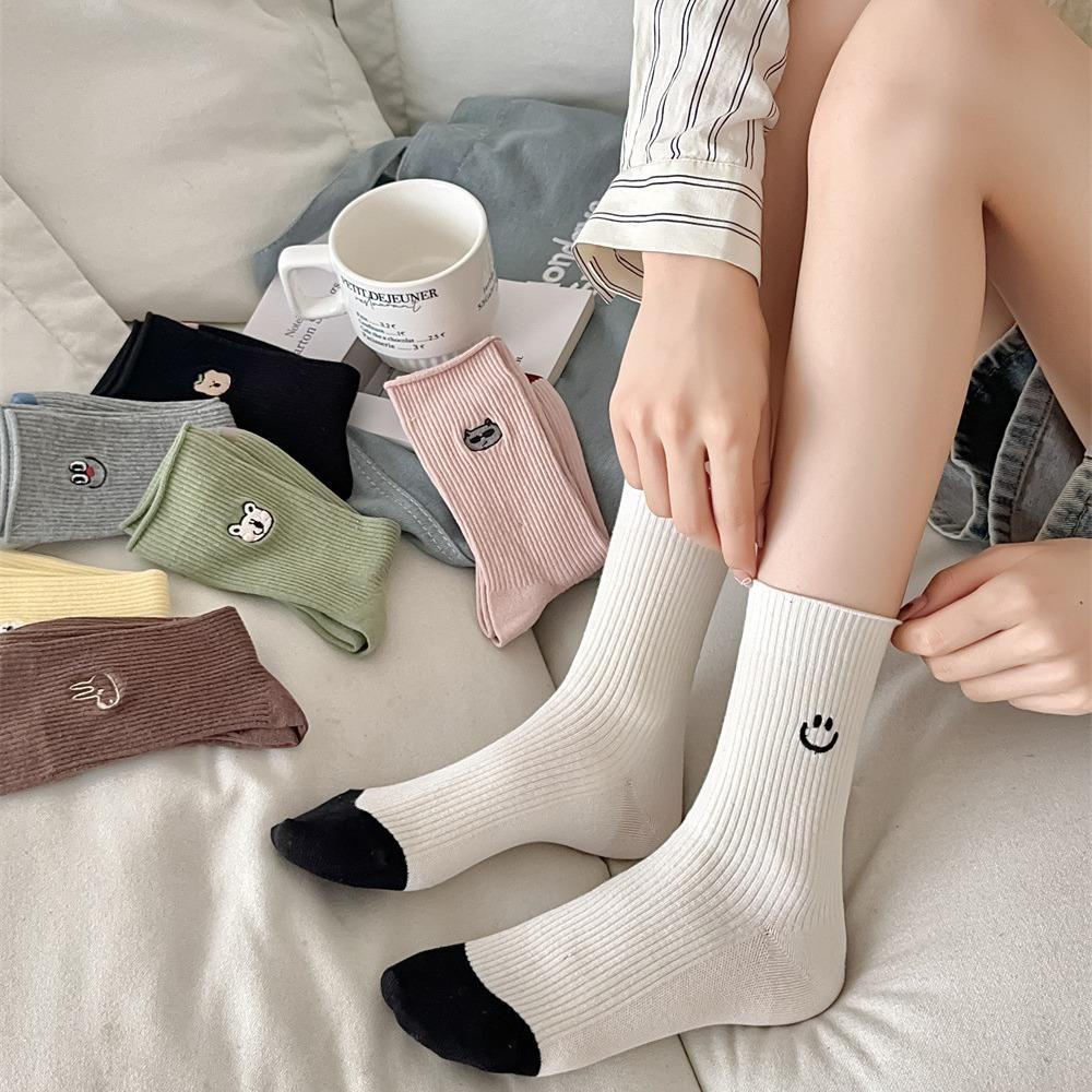 Dongdaemun Women'S Socks Double Needle Cartoon Expression Smiley Face Animal Embroidery Women'S Cotton Socks Medium Tube Socks Stacking Socks