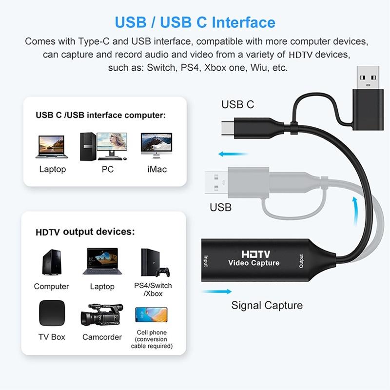 USB 3.0 Video Capture Card 2 In 1 4K Hdmi-compatible To USB 2.0 Type C Game Grabber Record For Switch Xbox PS5/4 Live Broadcast