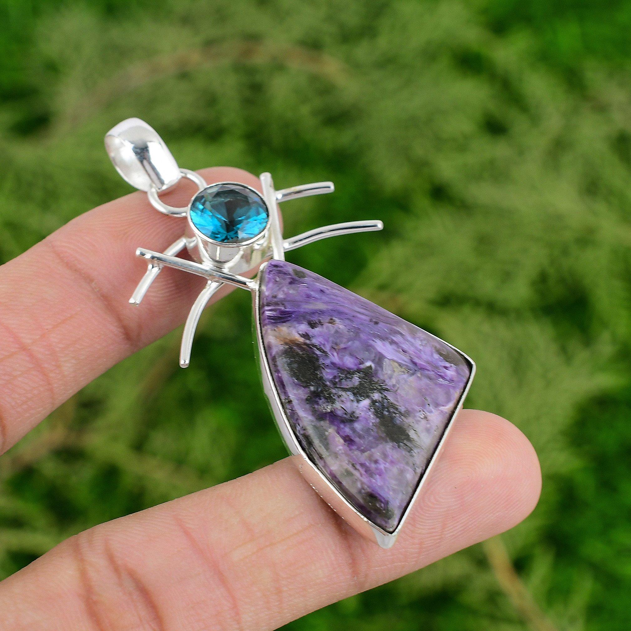 

925 Silver Russian Charoite Stone Indicolite Mother Bezel Trendy Pendant Jewelry