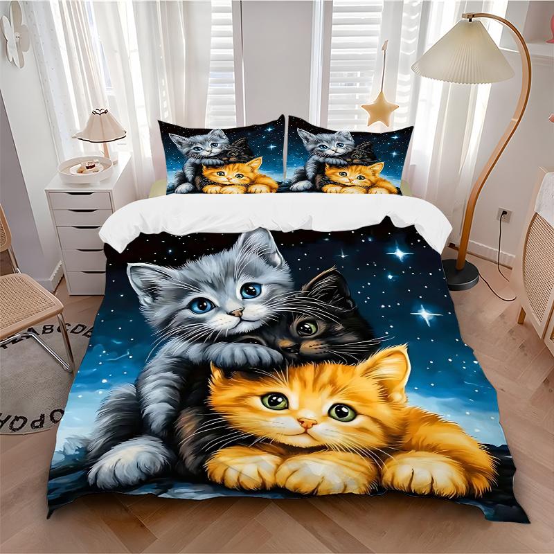 3pcs Three Cute Kittens Under a Starry Night Sky Pattern Bedding Three-Piece Set, This Printed Bedding Set Is Soft and Comfortable