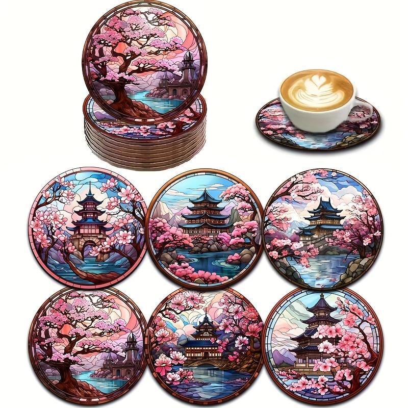 

6-piece Japanese Sakura and Landscape House Wooden Coaster-Perfect for Tea, Coffee and Beverages-Ideal home decoration gift