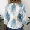 Women Vintage Floral Print Button Down Henley Collar Shirt Three Quarter Sleeve Linen Cotton Blouse Casual Lightweight Top