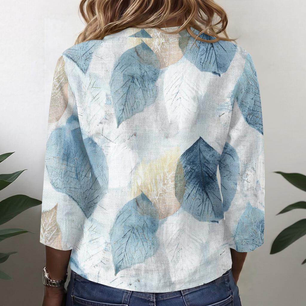 Women Vintage Floral Print Button Down Henley Collar Shirt Three Quarter Sleeve Linen Cotton Blouse Casual Lightweight Top