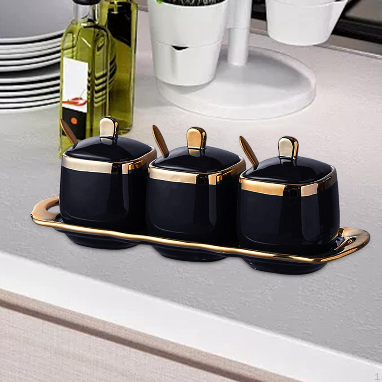 Набор из 3 керамических емкостей для специй, Набор контейнеров, Набор горшочков для приправ, Шкатулка для специй с фарфором чёрный