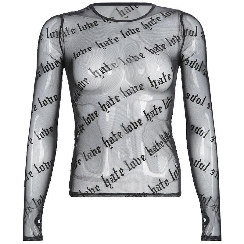 Sexy Women Mesh T-Shirts See-Through Perspective Tshirt Letter Printed O Neck Transparent Long Sleeve T Shirt Tops Women